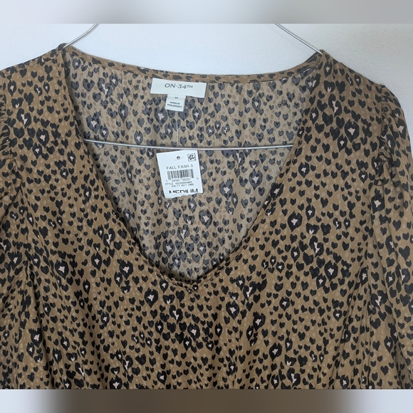 On 34th New Animal Printed Smocked Waist Tiered Mini Dress Brown V-neck Sleeves - Picture 3 of 12